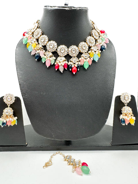 Kundan studded & pearls work designer heavy work Necklace set with beautiful Earrings & Tikka