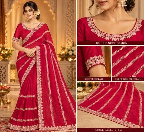 Georgette Saree with a soft, graceful fall,featuring elegant vine embroidery,delicate stonework and a beautifully detailed floral border. Attached blouse piece included; model blouse is for reference only. Slight variation in colour and design may occur