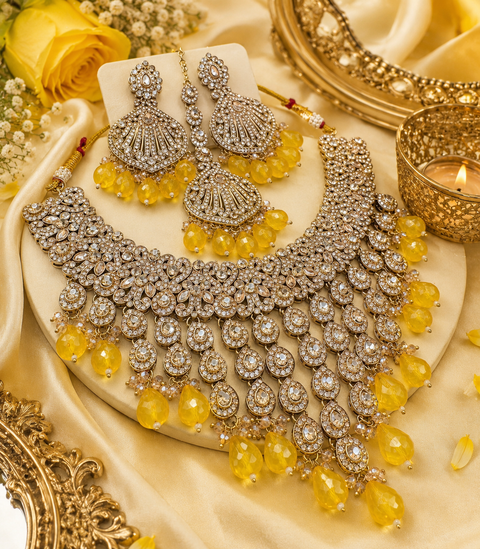 Original Polki stone with pearls beaded work beautiful necklace with jhumka and tikka set