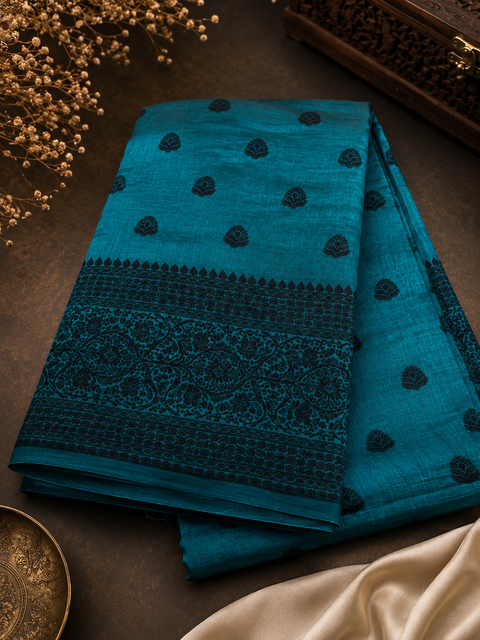 Beautiful semi-silk cotton saree with an elegant woven border and classic motifs. Attached blouse piece included. Slight variation in colour and design may occur.