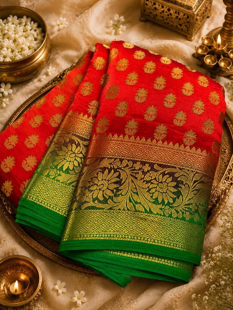 Art Silk Based beautiful design Saree with contrast Pallu (blouse is attached to Saree ) slight variation in color and design is possible )
