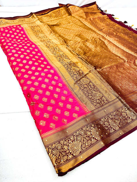 Art Silk Saree With Beautiful Stone Work With Contrast Pallu And Blouse