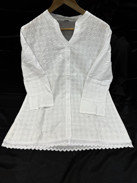 Embroidered Lucknow Chikankari White pure Cotton Short Kurti Top Tunic for Women