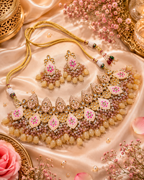 Peach colour Beautiful meenakari work with mustard golden pearls with Kundan Stones necklace set (slight variation in color and design is possible)