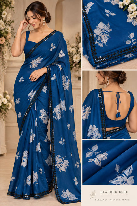 Fendi Silk Saree – Elegant floral print with beautiful black stone handwork border all around. Soft, stylish, two toned shiny. Matching blouse piece attached; model blouse is for reference only. Slight variation in colour/design is possible.