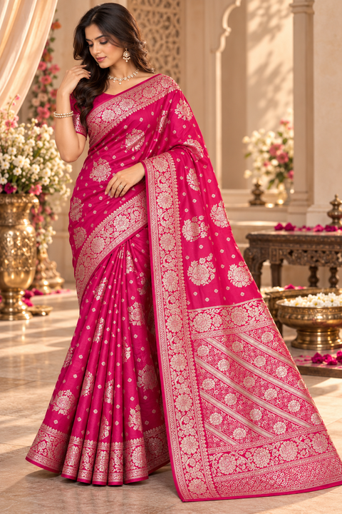 Luxuriously soft silk saree with a smooth, lightweight feel and beautifully flowy drape. Featuring rich woven zari floral motifs and an elegant detailed border .Blouse piece included. Slight variation in colour and design is possible.