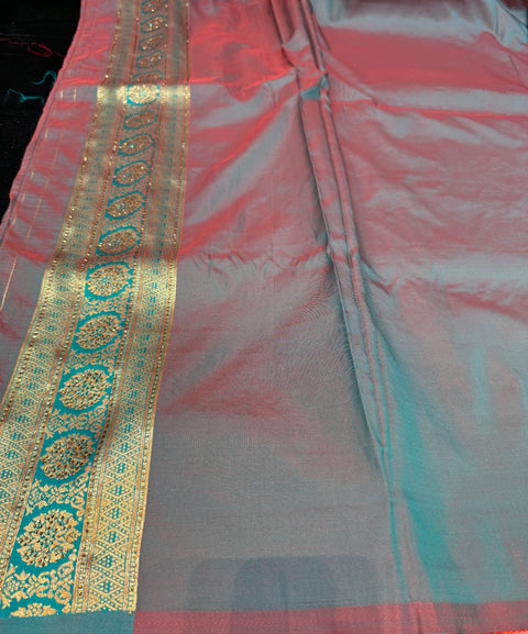 Pink color with teal contrast Beautiful soft Banarai silk Saree with stone work and designer contrast blouse