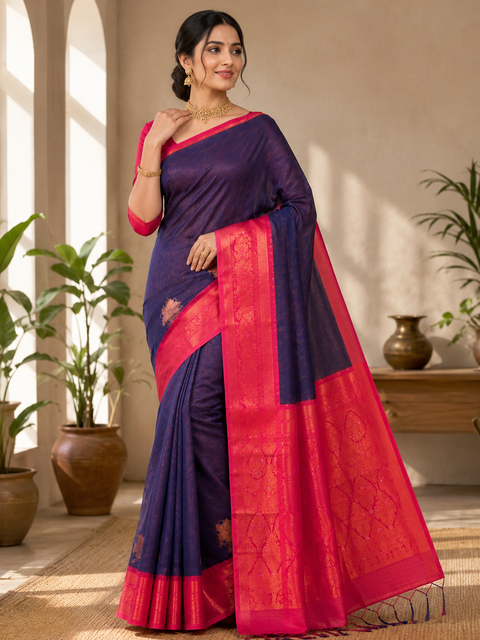 Premium South Silk Saree With Rich Zari Weaving And Contrast Woven Pallu. Featuring Elegant Dual-Tone Shades.Model-Worn Blouse Is For Reference Only. Unstitched Blouse Piece Is Attached With Saree(Slight Variation In Color & Design Is Possible)
