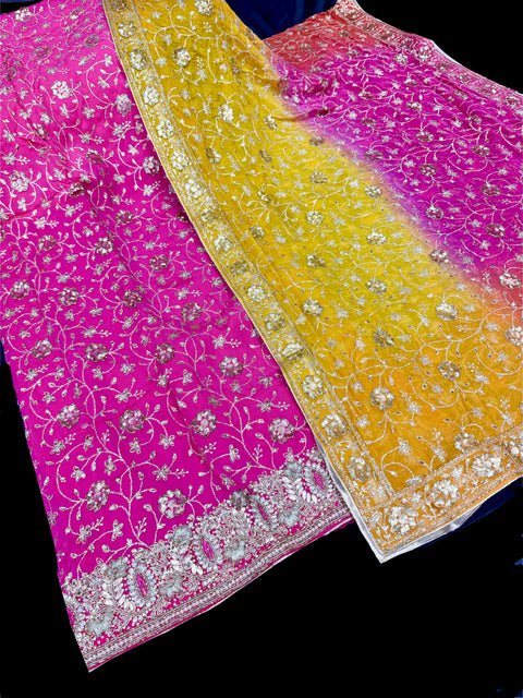 (video clip attached)pink and yellow  color pure chinnon based embroidery work with handwork kameez with plain silk bottom fabric (2.75 mtrs) and chiffon based heavy hand work dupatta
