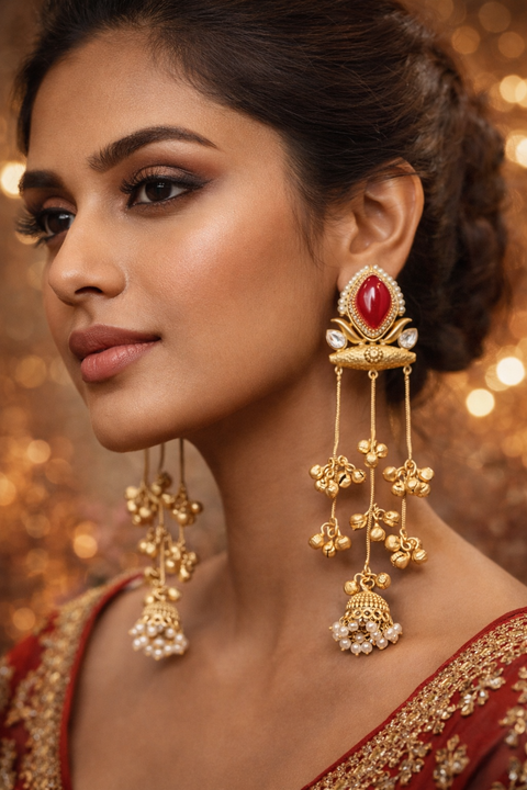 (Video Clip attached)Trending Kashmiri Earrings /Premium antique gold-look finish with delicate handcrafted detailing and hanging ghungroo chains for a graceful traditional look