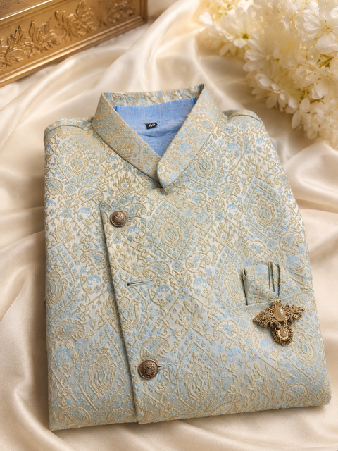 Brocade silk designer jacket with plain kurta and pants (slight variation in color & design is possible )