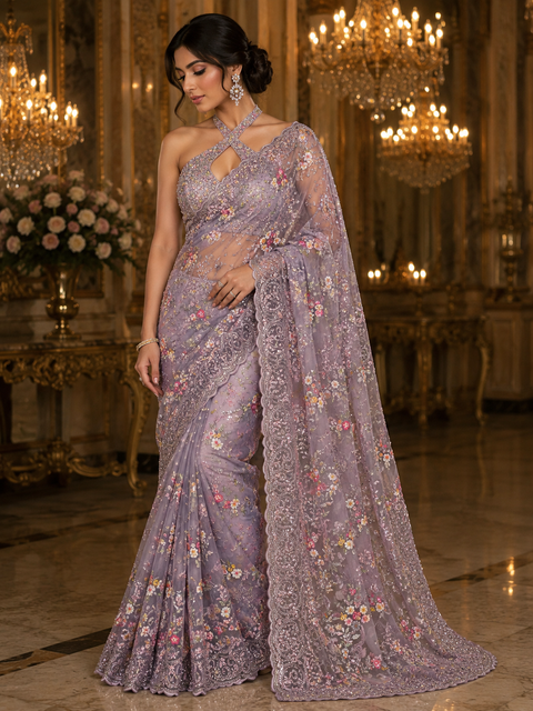 Bollywood style heavy work designer Saree with netting base fabric and stones with mirror work design all over with embroidery work (Blouse Piece Worn By Model Is For Reference Only, Blouse Piece Attached To Saree) Slight Variation In Color And Design)