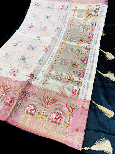 (Video clip attached ) Soft tissue silk embroidery saree with stone work and tessels attach on Pallu