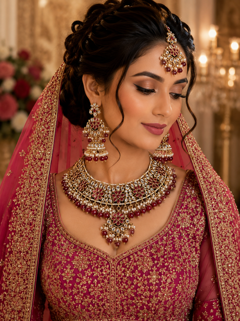 Elegant Kundan Bridal Necklace Set featuring delicate pearl detailing and timeless royal charm (slight variation in color and design is possible)
