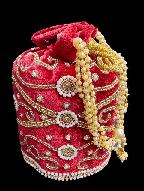 Velvet based Embroidery with stones & pearl work hand bag /potli bag