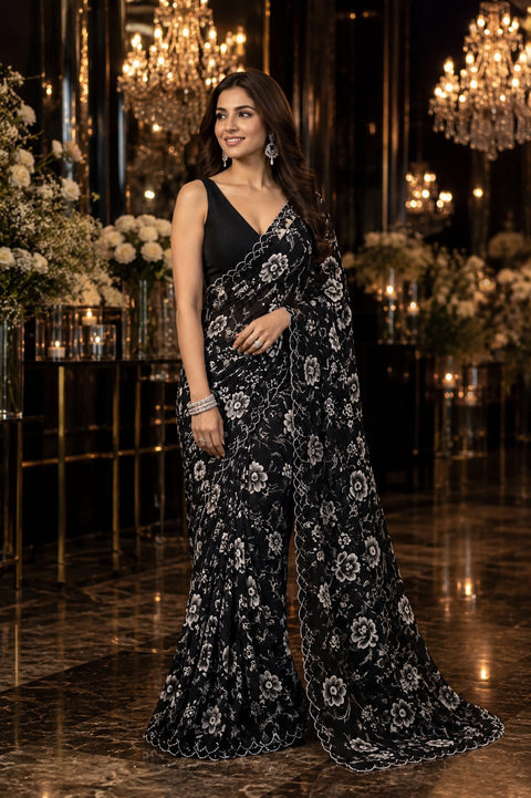 Beautiful black Stones work border design beautiful very soft Georgette Saree. The Blouse Worn By The Model Is For Reference Purposes Only. The Blouse Piece Is Attached Separately With The Saree. Slight Variation In Color And Design May Occur.