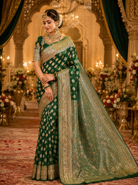 Luxurious Banarasi Silk Saree with rich zari weaving and elegant stone work on the pallu. Comes with an attached blouse piece. Model image is for reference only; slight variation in color and design may occur.