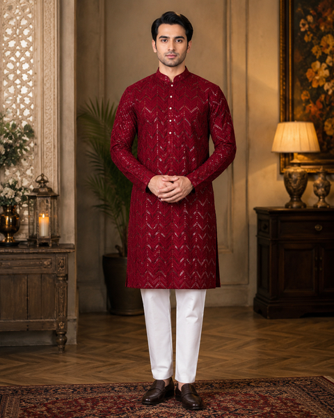 Pure Rayon Based Beautiful heavy Embroidery Work At Front And Back With Sequins Work Designer Kurta & White Pajama (slight variation in color and design is possible)