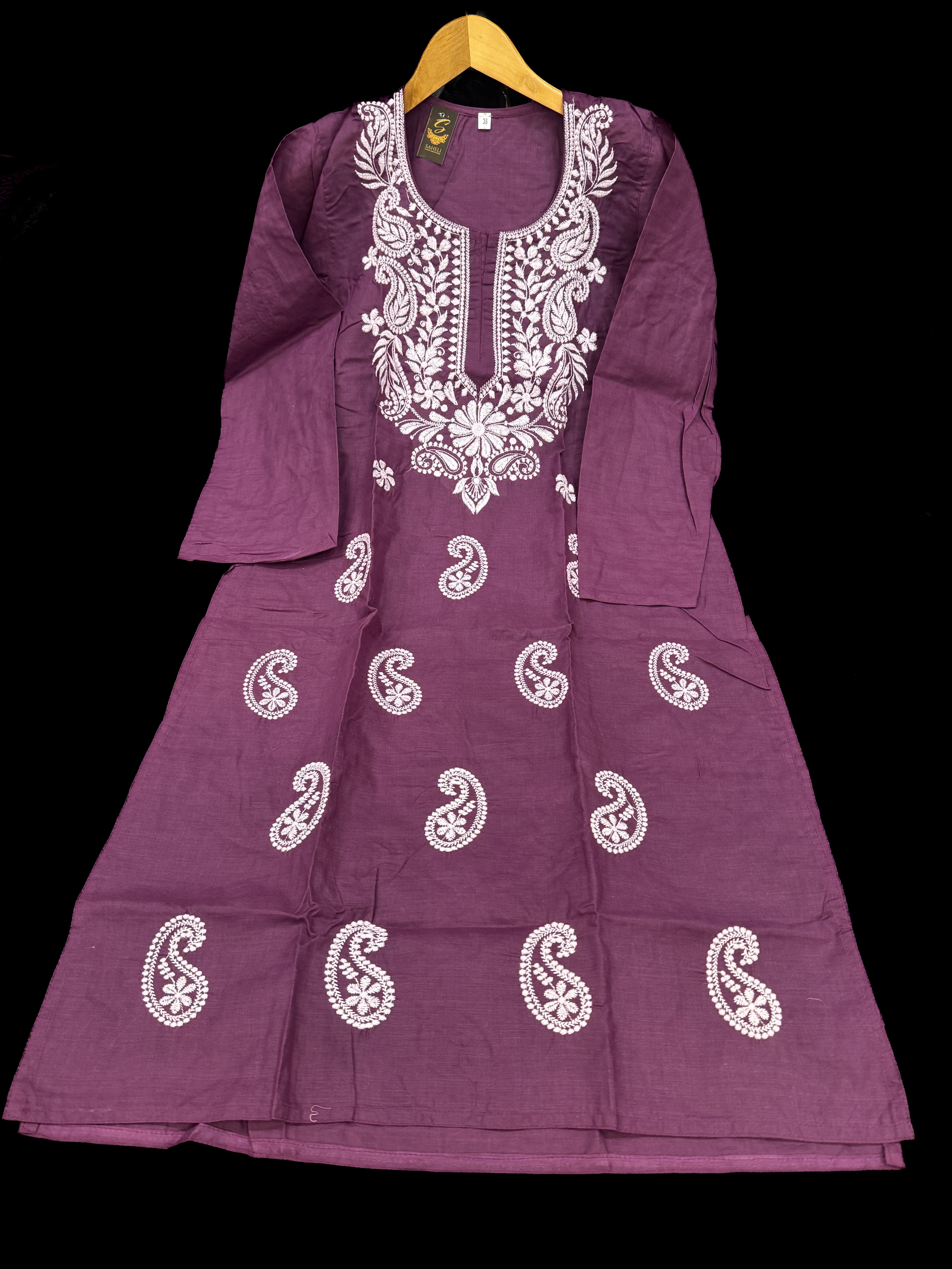 Grape wine color pure cotton based lakhnavi work kurti– Saheli
