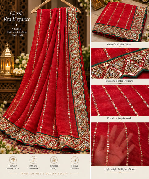 Saree featuring elegant vertical sequin work and a rich embroidered handwork border with contrast detailing. Comes with an attached contrast blouse piece; model blouse is for reference only. Slight variation in colour and design is possible.