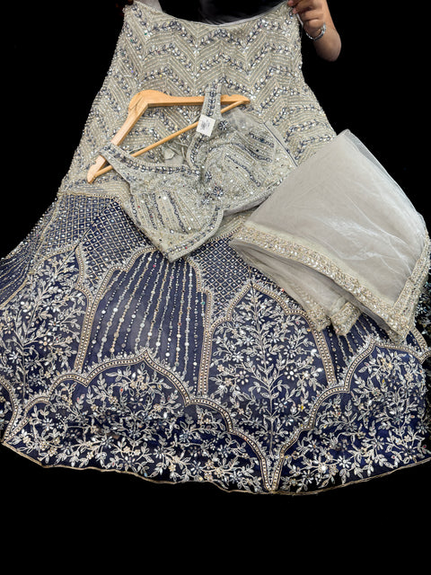 (Video clip attached)Grey & Blue Heavy mirror work designer stylish Blouse with very very heavy flared netting based  princess style lehnga and dupatta