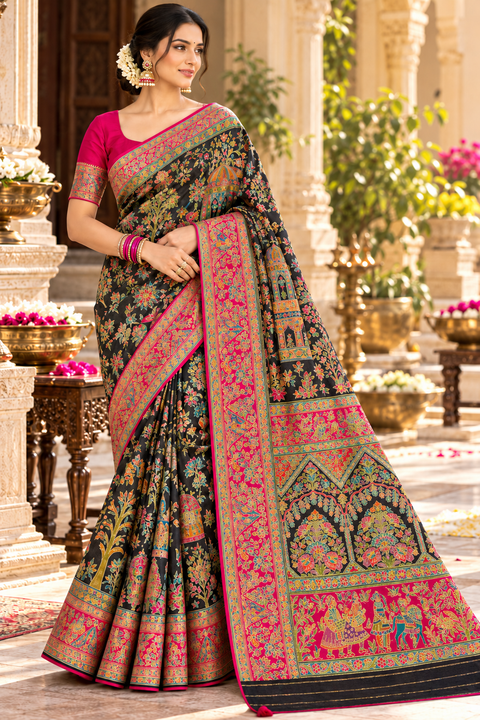 Elegant Soft Silk Saree featuring intricate Kalamkari-inspired traditional motifs and a richly detailed statement border. Beautifully soft, graceful saree.Blouse piece included. Slight variation in colour/design may occur