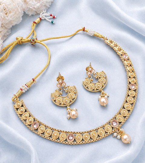Original lite Gold Polki stones small necklace with earrings
