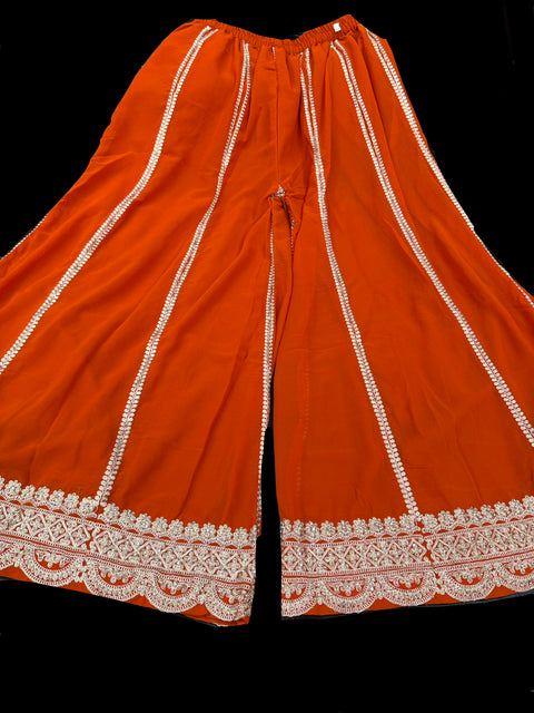 (Video clip attached) Rust Orange color georgette based embroidery with stone work with big flared embroidery work plazo and embroideryh work georgette dupatta (size 48 and can be altered upto 50)