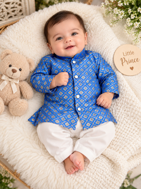 Adorable Brocade Silk Newborn Kurta Pajama Set with soft inner lining, easy front-open kurta and matching elasticated pajama for comfortable wear.Kurta L 35 cm,Chest 25 cm,Sleeve 24 cm,Pajama L 33 cm. Slight variation in colour & design may occur