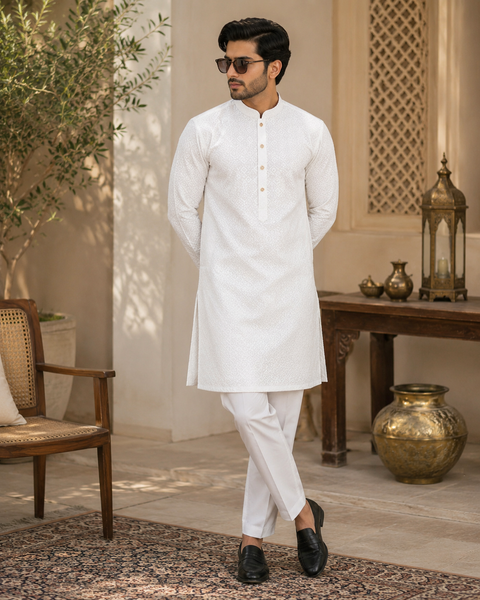 Pure and Soft georgette based Heavy embroidery work designer Kurta with white Pajama (slight variation in color & design is possible)
