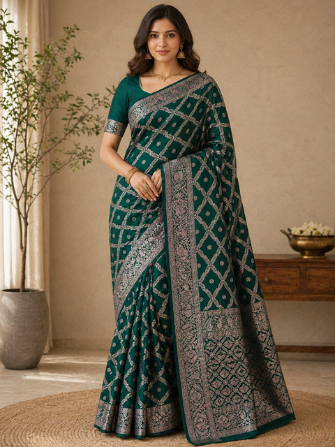 Pure chiffon based Beautiful zari work Banarasi look Saree (Blouse Shown Is For Reference Only.The Blouse Piece Is Included With Saree As Unstitched)