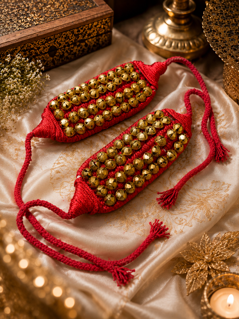 Ghungroo (40+40) Red Pad 4 Line Ghungroo Double String With Cushion Pads|Bell,Ghungru,Anklet Bell,Salangai,Chilanka|Paijania Kuchipudi,Bharatanatyam,Bharata Muni|Bharatnatyam Dance