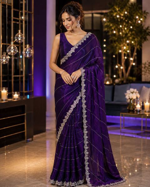 Elegant Jimmy Choo Saree featuring intricate handwork detailing and a beautifully embellished border. Comes with an attached matching blouse piece, blouse worn by the model is for reference purposes only(slight variation in color and design is possible)