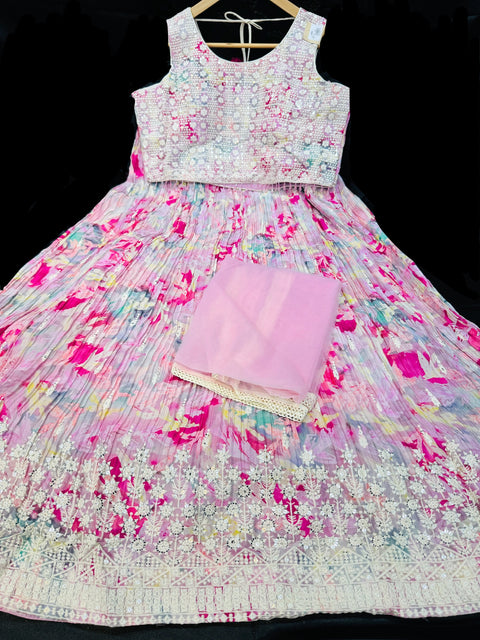 Chinnon based Designer embroidery works crop top blouse with soft organza floral print lehnga with netting dupatta