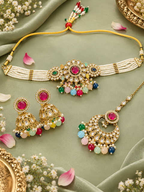 Beautiful Kundan stones with pearls and colorful stones choker necklace & Jhumka with Tikka. Slight variations in colour and design are possible.