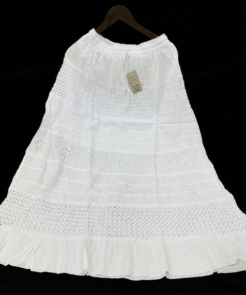 Embroidered Lucknow Chikankari White pure Cotton Skirt elastic waist (free size )