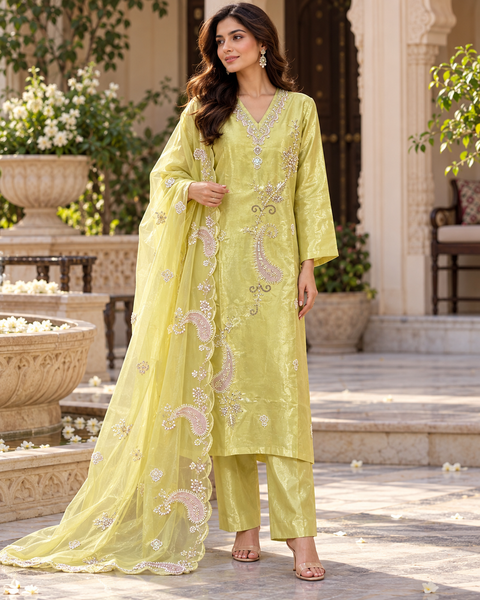Beautiful Pistachio Lime Green 3-piece suit in shimmery Fendy silk, featuring elegant hand embroidery, pearls, beads and sequins. Comes with matching pants and a handworked organza dupatta.Slight variations in colour and design are possible.