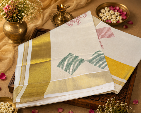 KERALA Gold Tissue SAREE WITH BEAUTIFUL Dotted PRINT (slight variation in color & design is possible)