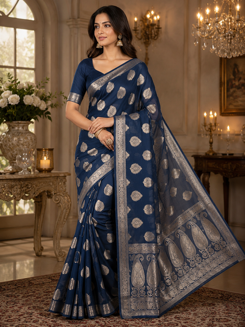 Very Soft Pure georgette chiffon based Beautiful zari work Banarasi look Saree(Blouse Shown Is For Reference Only. The Blouse Piece Is Included With The Saree As Unstitched Fabric)(slight variation in color and design is possible )