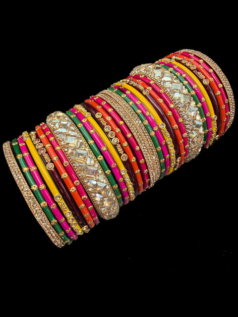 Multicoloured Glass bangles with golden brass bangles set (displayed picture is for both hands set) price is for whole set displayed in picture)