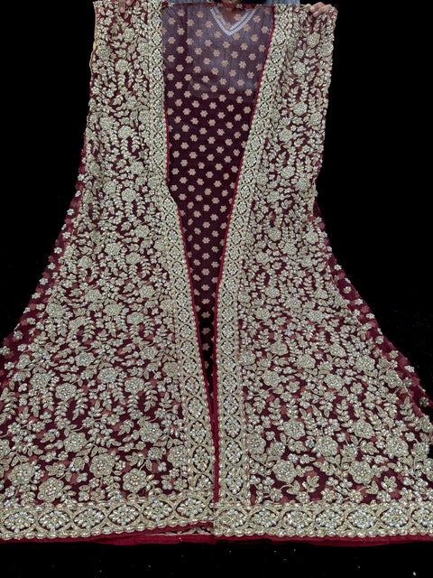 Cherry color Netting based Golden stones and embroidery work all over front & back of kameez with stone work and beautiful plazo pants with Long heavy work jacket& netting dupatta (Size 42 and can be altered upto 44)