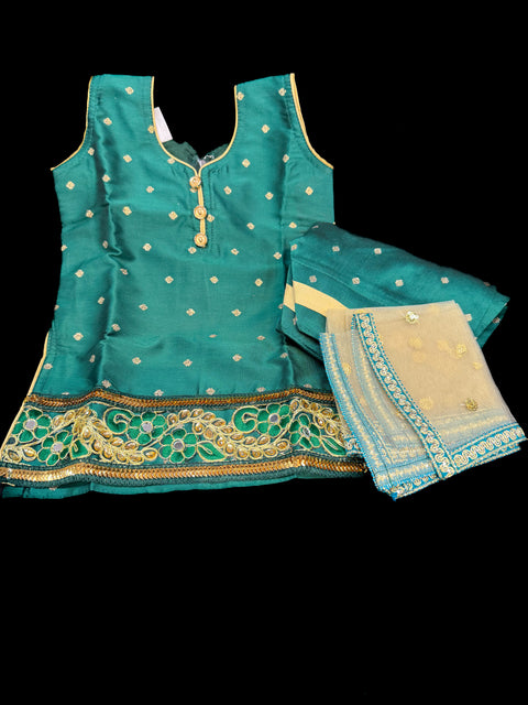 Green colour silk based kids punjabi suit with golden dupatta