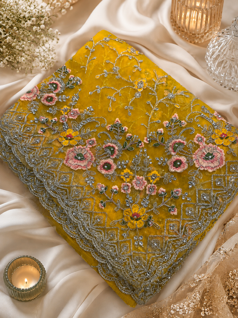 Netting based embroidery jaal all over with stone work designer saree(blouse piece worn by model is for reference only, blouse piece attached to Saree) slight variation in color and design is possible)