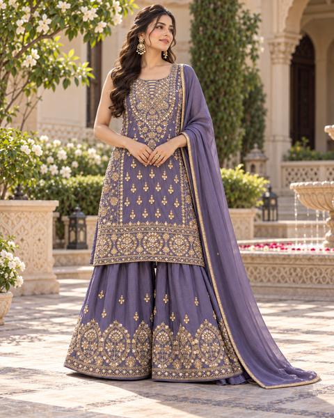 Lavender purple soft Georgette Silk outfit featuring exquisite handwork embroidery all over the kameez, matching loose circular palazzo with handwork detailing, and a beautiful golden-bordered dupatta.Slight variation in colour and design is possible.
