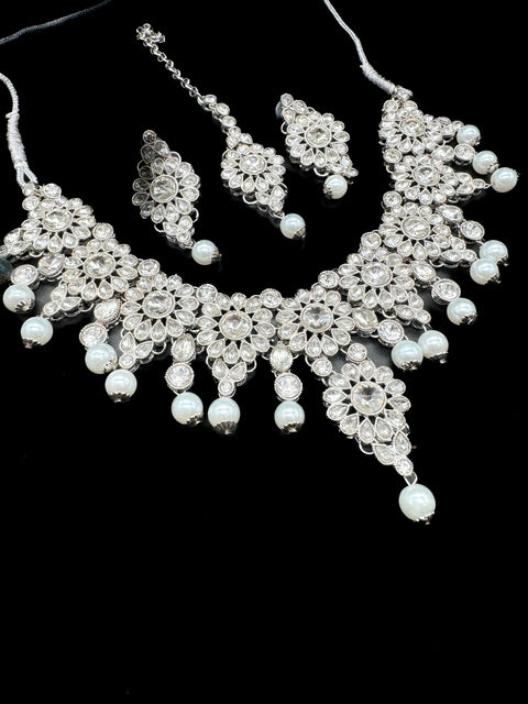 Jerkan stone with white pearls beautiful necklace with Earrings and Tikka set