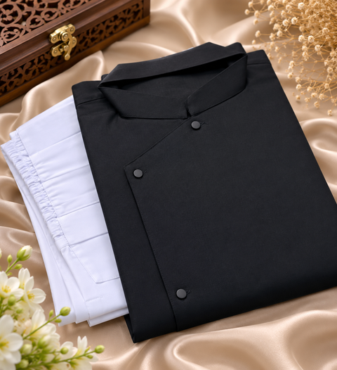 Black colour cotton linen based side cut style kurta with pants  (slight variation in color & design is possible)