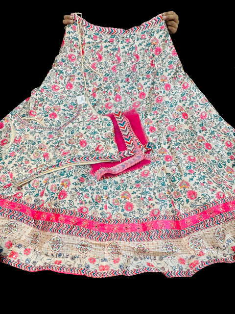 Silk based printed with Mirror work heavy flared lehnga and designer crop top blouse and dupatta