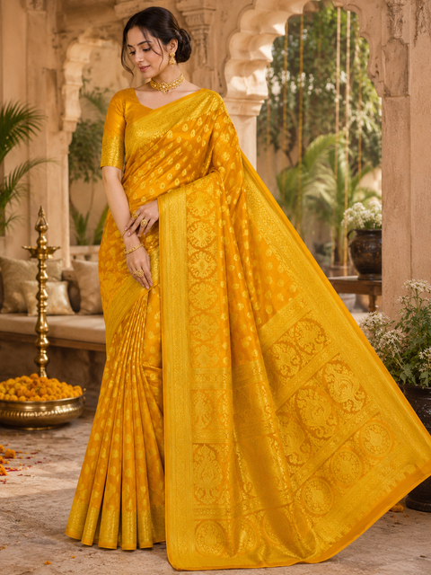 Premium soft Silk Saree with rich zari weaving and contrast woven pallu. featuring elegant dual-tone shades.Model-worn blouse is for reference only. Unstitched blouse piece is attached with saree(slight variation in color & design is possible)