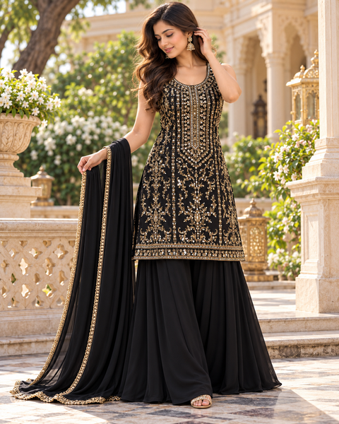 Beautiful georgette fabric outfit with full embroidery and mirror work all over the kameez. Paired with a loose circular palazzo and a matching dupatta with just a border. 
Slight variation in colour and design is possible