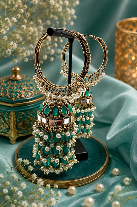 Pearls hanging with mirror work beautiful heavy work designer Jhumka Balian